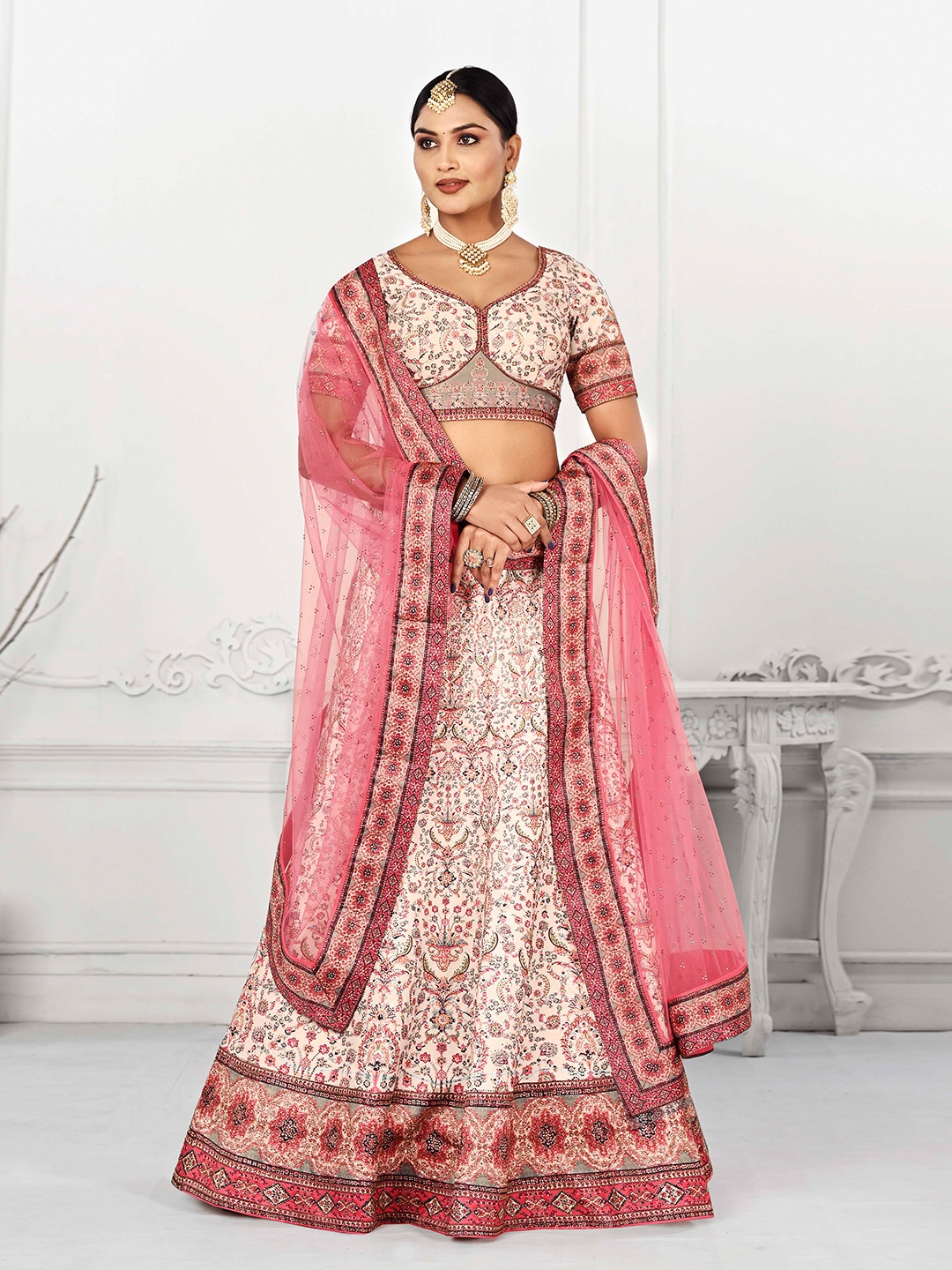 

SAPTRANGI Ethnic Motifs Printed Semi-Stitched Lehenga & Unstitched Blouse With Dupatta, Cream