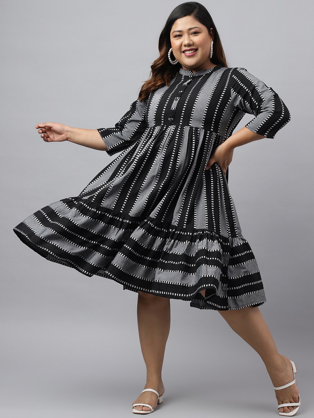 

XL LOVE by Janasya Plus Size Striped Fit & Flared Dress, Black