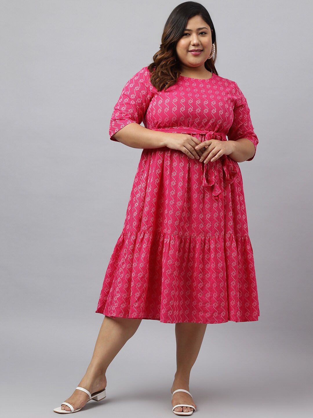 

XL LOVE by Janasya Plus Size Ethnic Motifs Printed Tie-Up Tiered Cotton Fit & Flared Dress, Pink