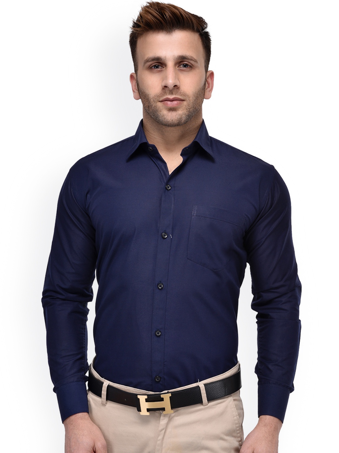

Hangup Men Navy Blue Regular Fit Solid Formal Shirt