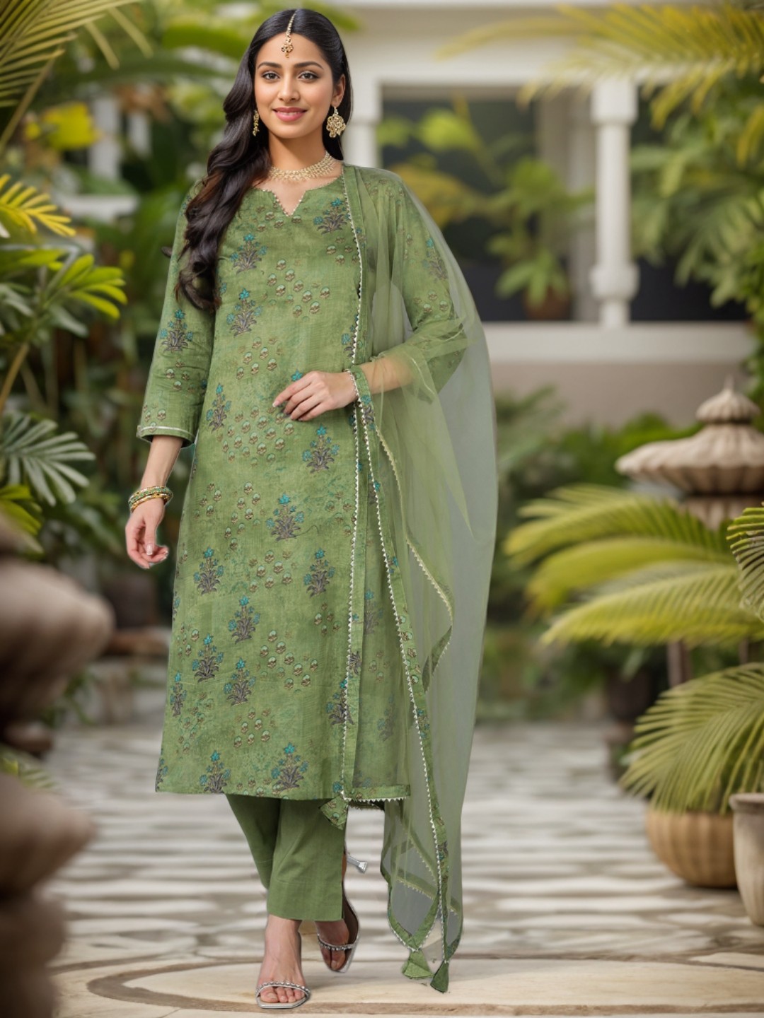 

AHIKA Floral Printed Gotta Patti Straight Kurta & Trousers With Dupatta, Green