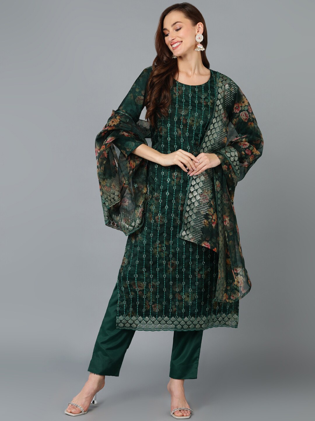 

AHIKA Green Floral Printed Sequined Straight Kurta & Trousers With Dupatta