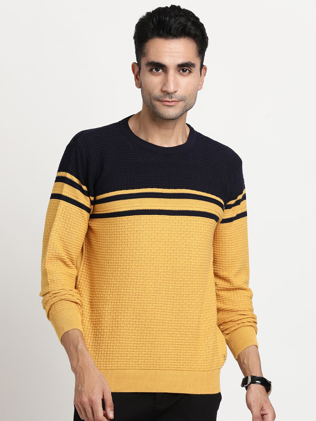 

Turtle Slim Fit Cotton Striped Pullover, Mustard