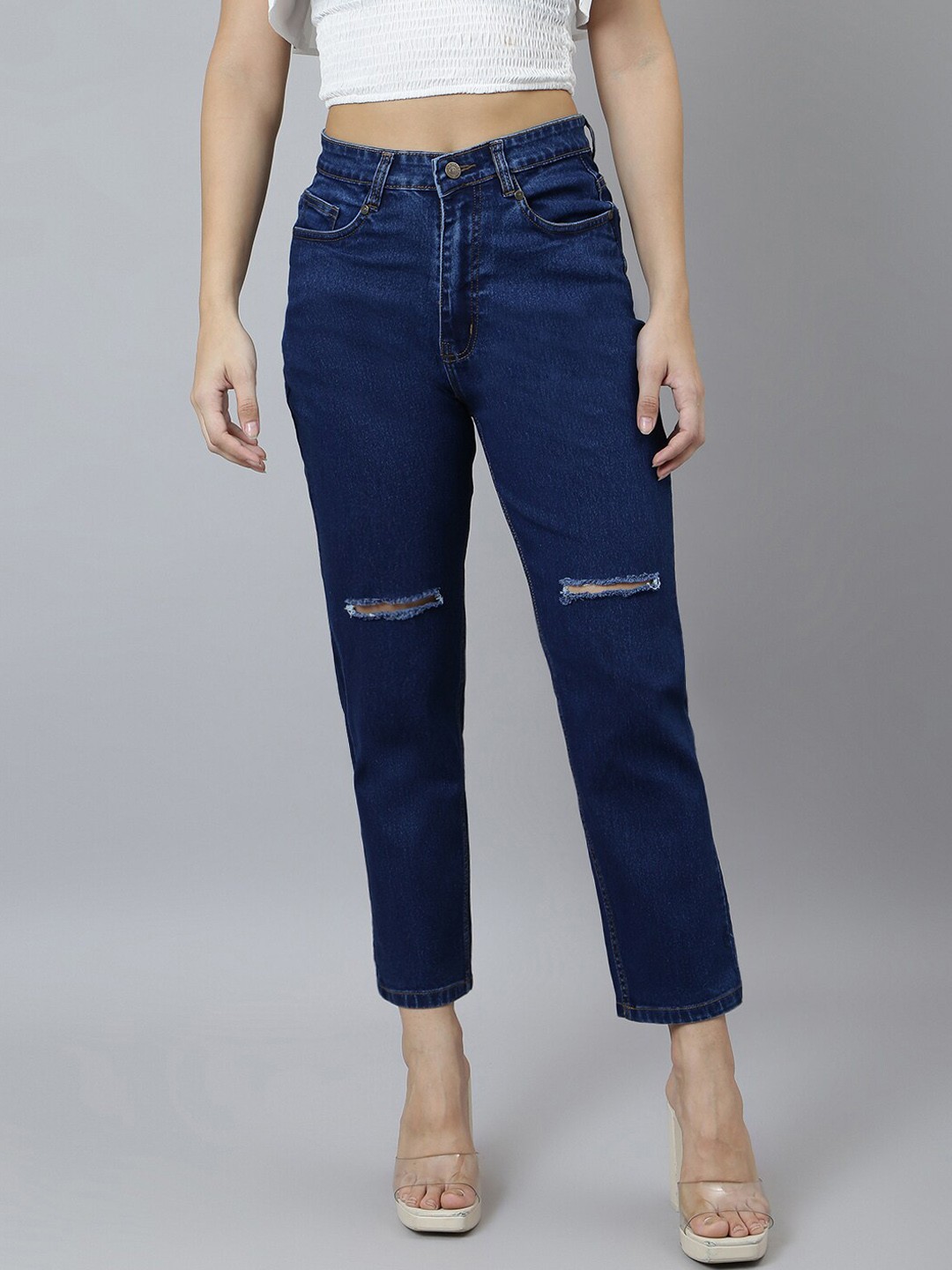

BAESD Women High-Rise Slash Knee Light Fade Stretchable Jeans, Blue