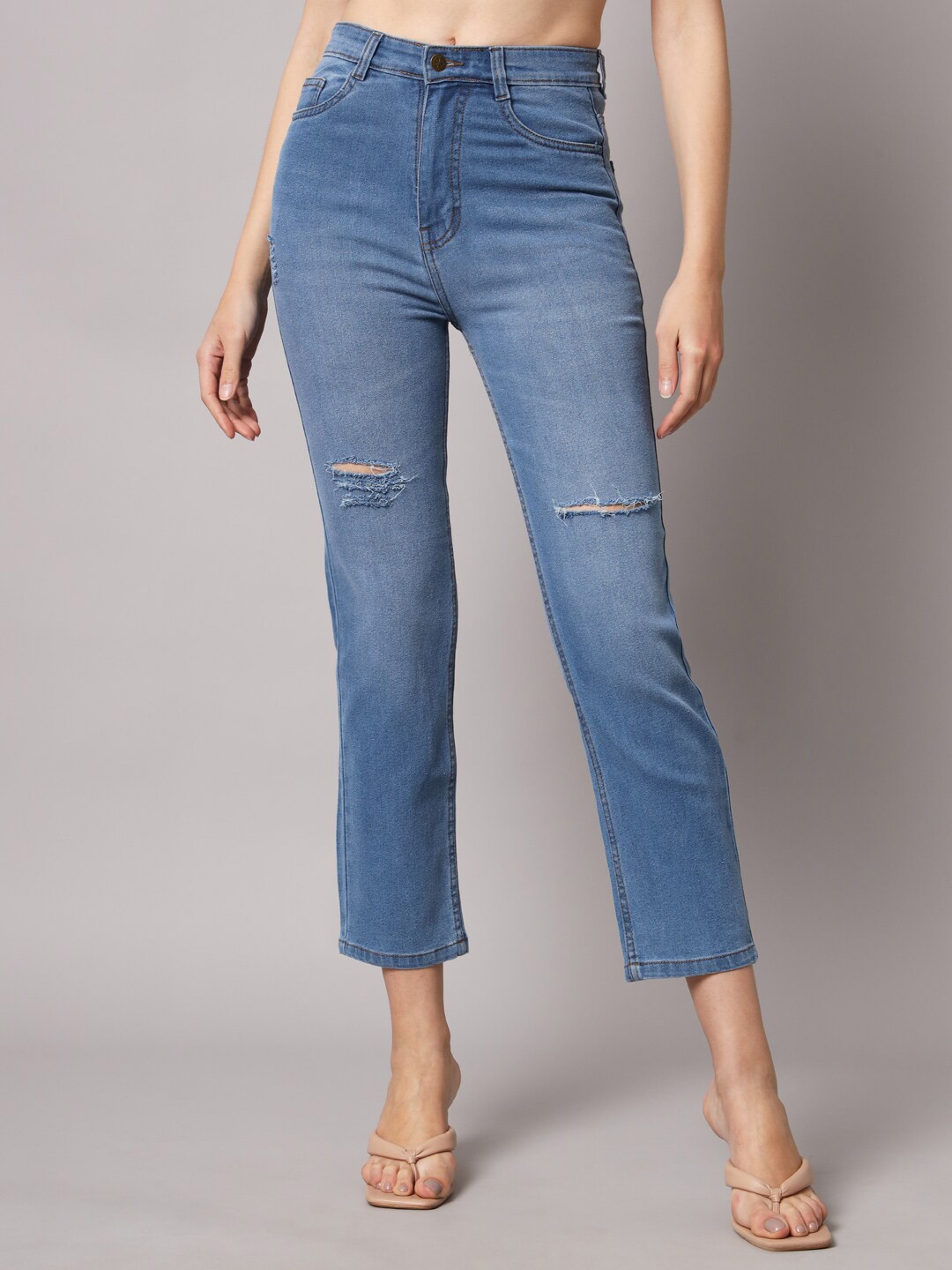 

BAESD Women Slim Fit High-Rise Slash Knee Light Fade Cropped Stretchable Jeans, Blue