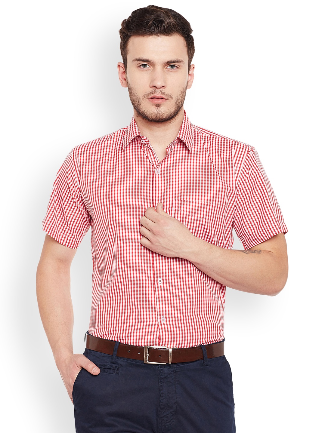 

Hancock Men Red & White Slim Fit Checked Formal Shirt