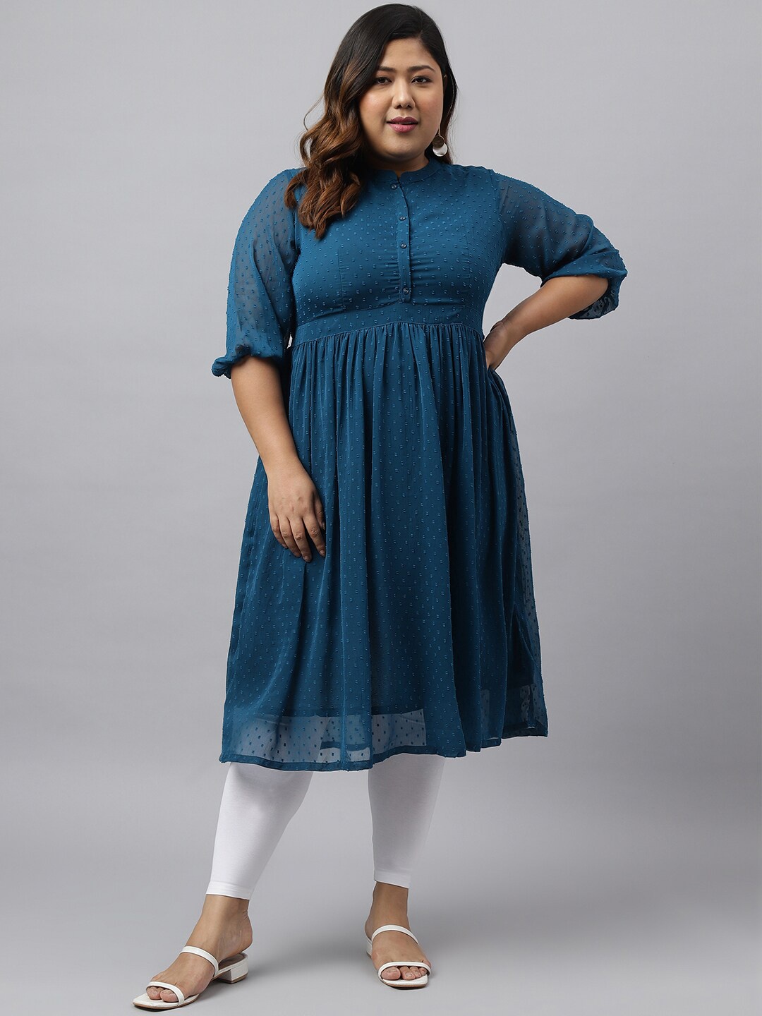 

XL LOVE by Janasya Plus Size Mandarin Collar Self Design Dobby A-Line Kurta, Teal