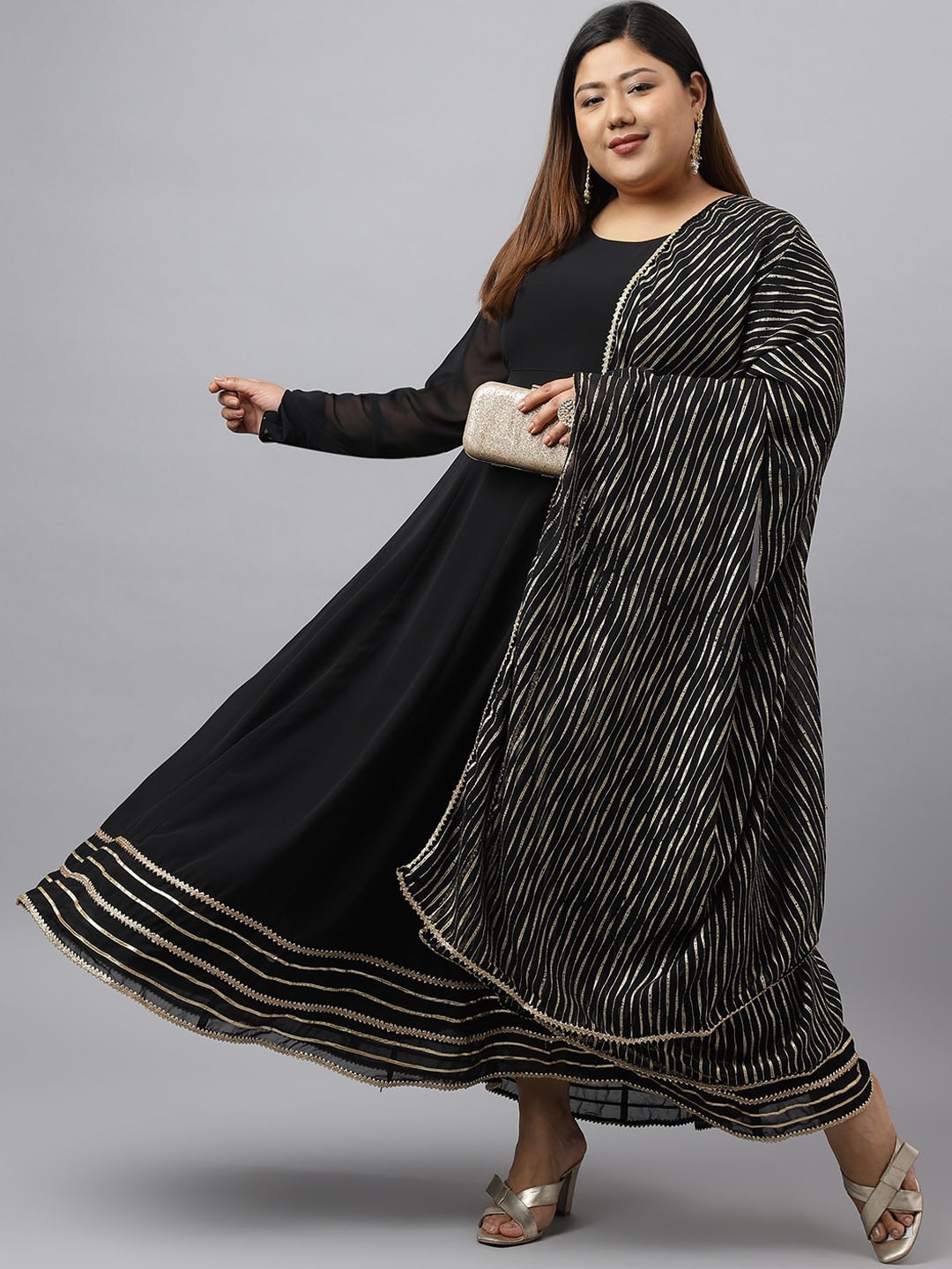 

Janasya Women's Plus Size Black Georgette Solid Kurta with Dupatta