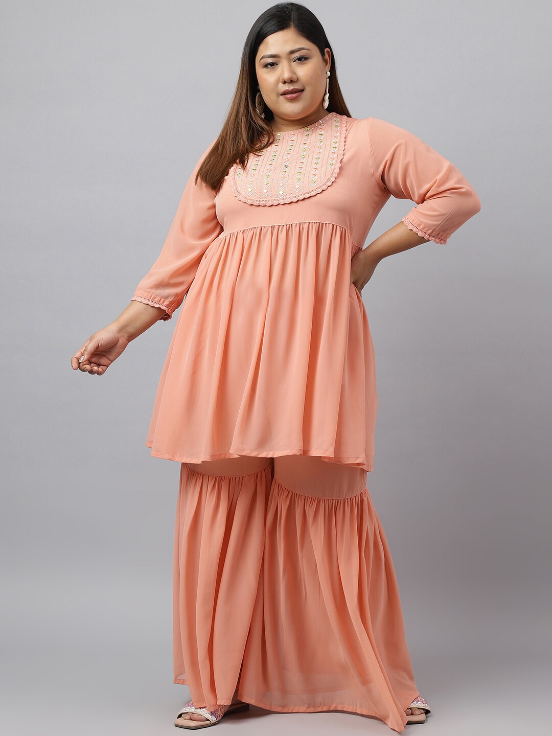 

XL LOVE by Janasya Plus Size Floral Embroidered Empire Anarkali Kurta with Sharara, Peach