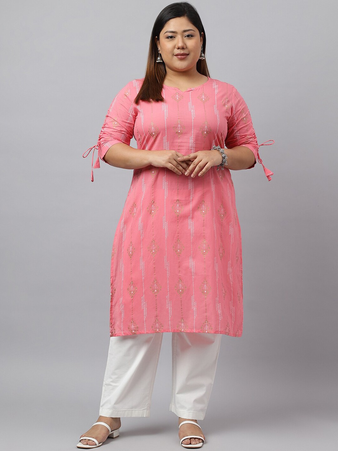 

XL LOVE by Janasya Women's Plus Size Pink Cotton Bandhni Print Straight kurta
