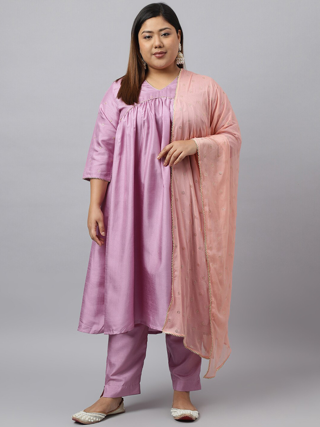 

XL LOVE by Janasya Plus Size Embroidered Anarkali Kurta with Trousers & Dupatta, Mauve