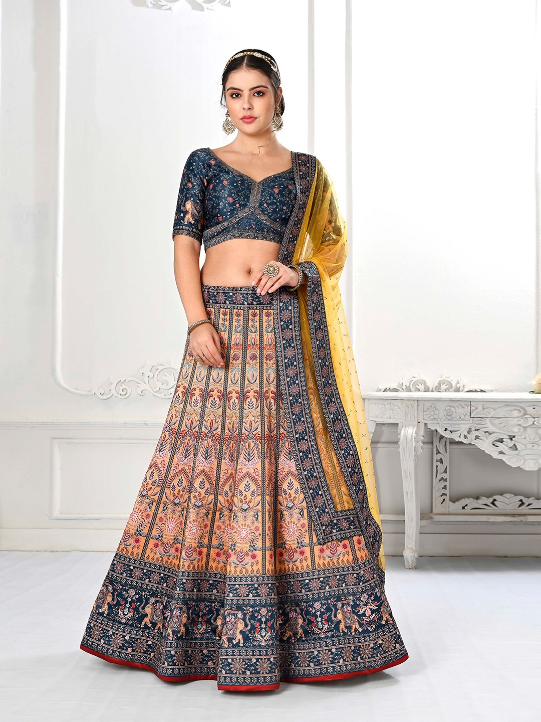 

SAPTRANGI Ethnic Motifs Printed Semi-Stitched Lehenga & Unstitched Blouse With Dupatta, Yellow