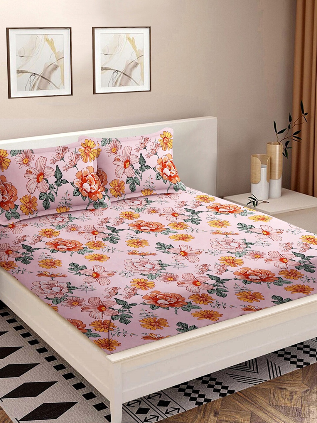 

MODEFE Pink & Green Floral Printed Cotton 180 TC Queen Bedsheet with 2 Pillow Covers