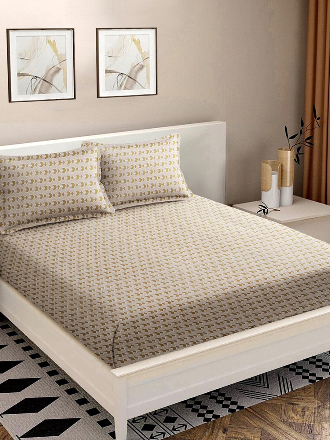 

MODEFE Beige & White Printed Cotton 180 TC Queen Bedsheet with 2 Pillow Covers
