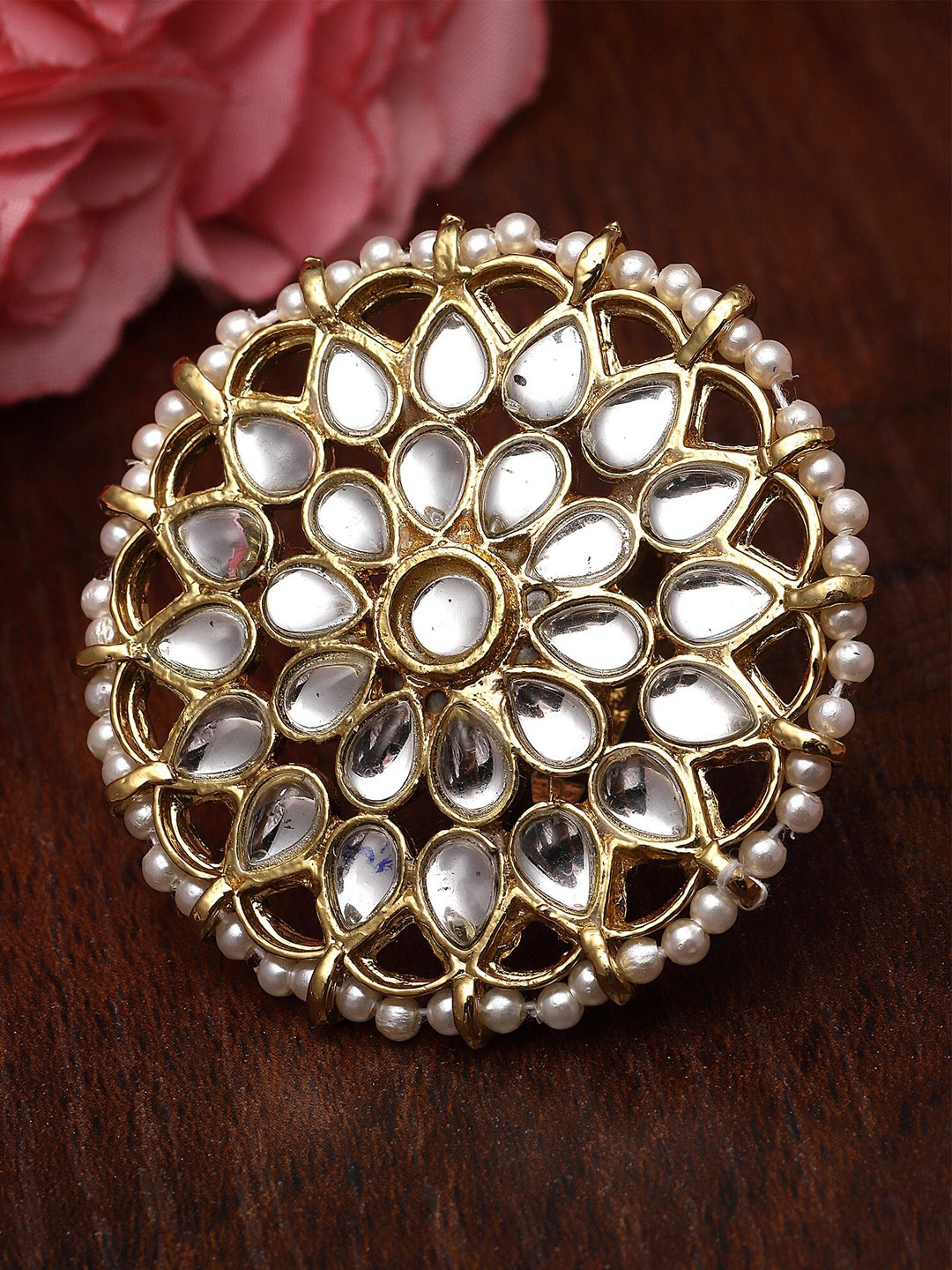 

KARATCART Gold-Plated Kundan-Studded Pearl Beaded Finger Ring