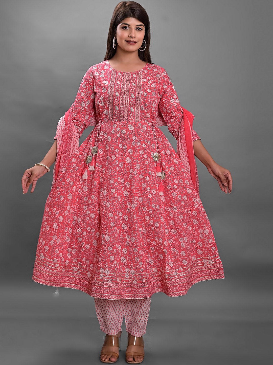 

KASHEEDA Floral Printed Regular Mirror Work Pure Cotton Kurta With Trousers & Dupatta, Pink