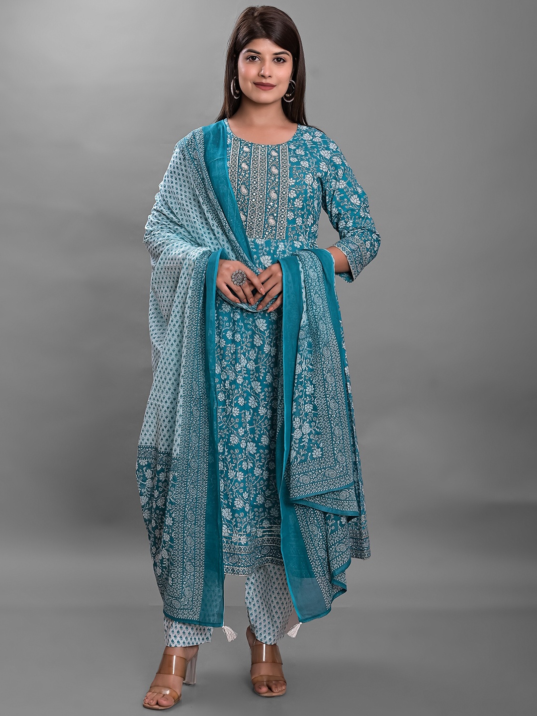 

KASHEEDA Floral Printed Regular Mirror Work Pure Cotton Kurta With Trousers & Dupatta, Blue