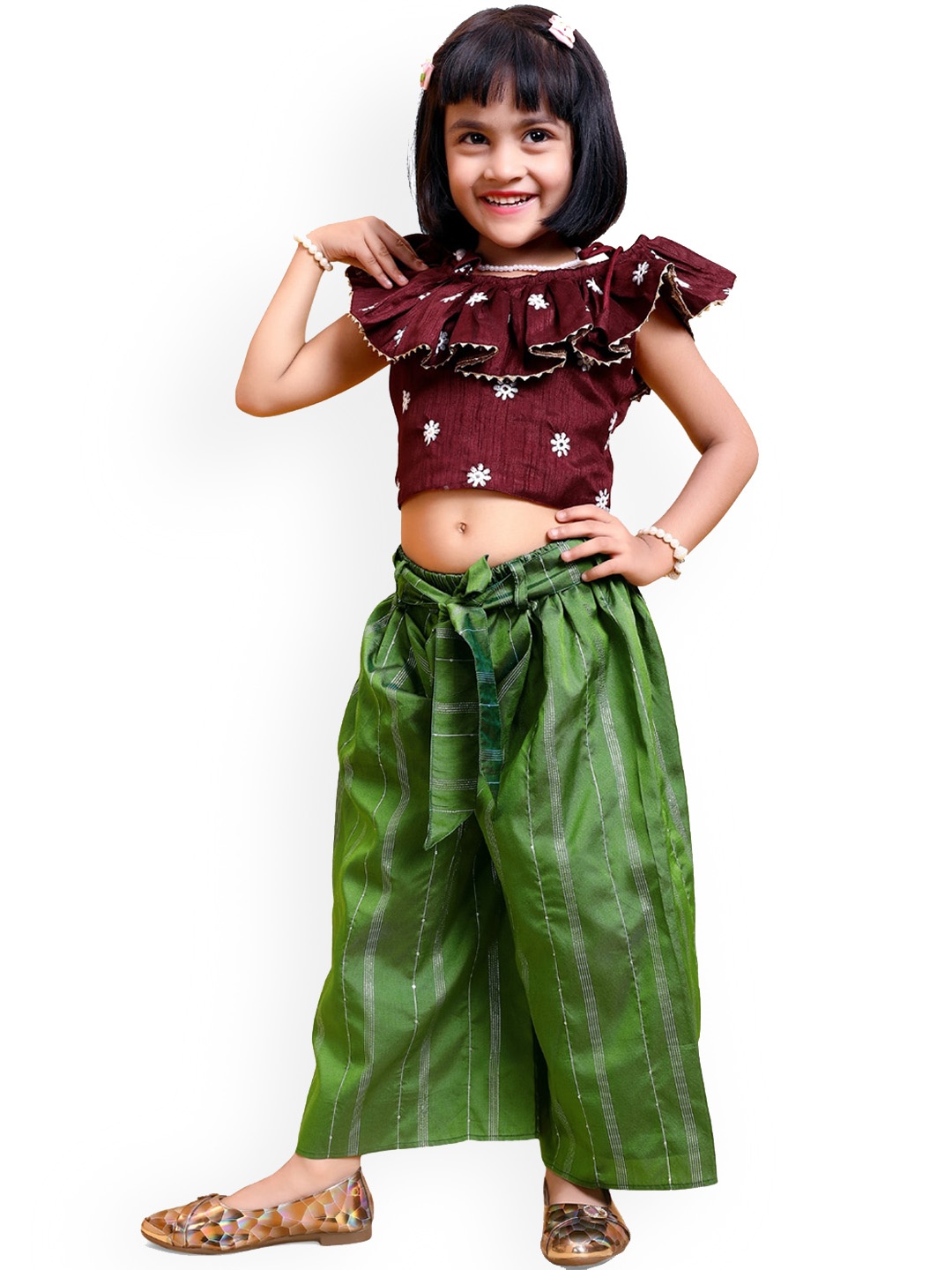 

BAESD Girls Maroon & Green Printed Top with Palazzos