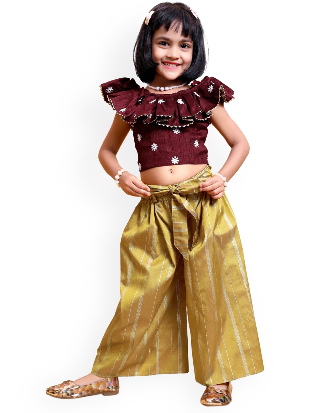 

BAESD Girls Floral Embroidered Ethnic Crop Top With Palazzos, Maroon