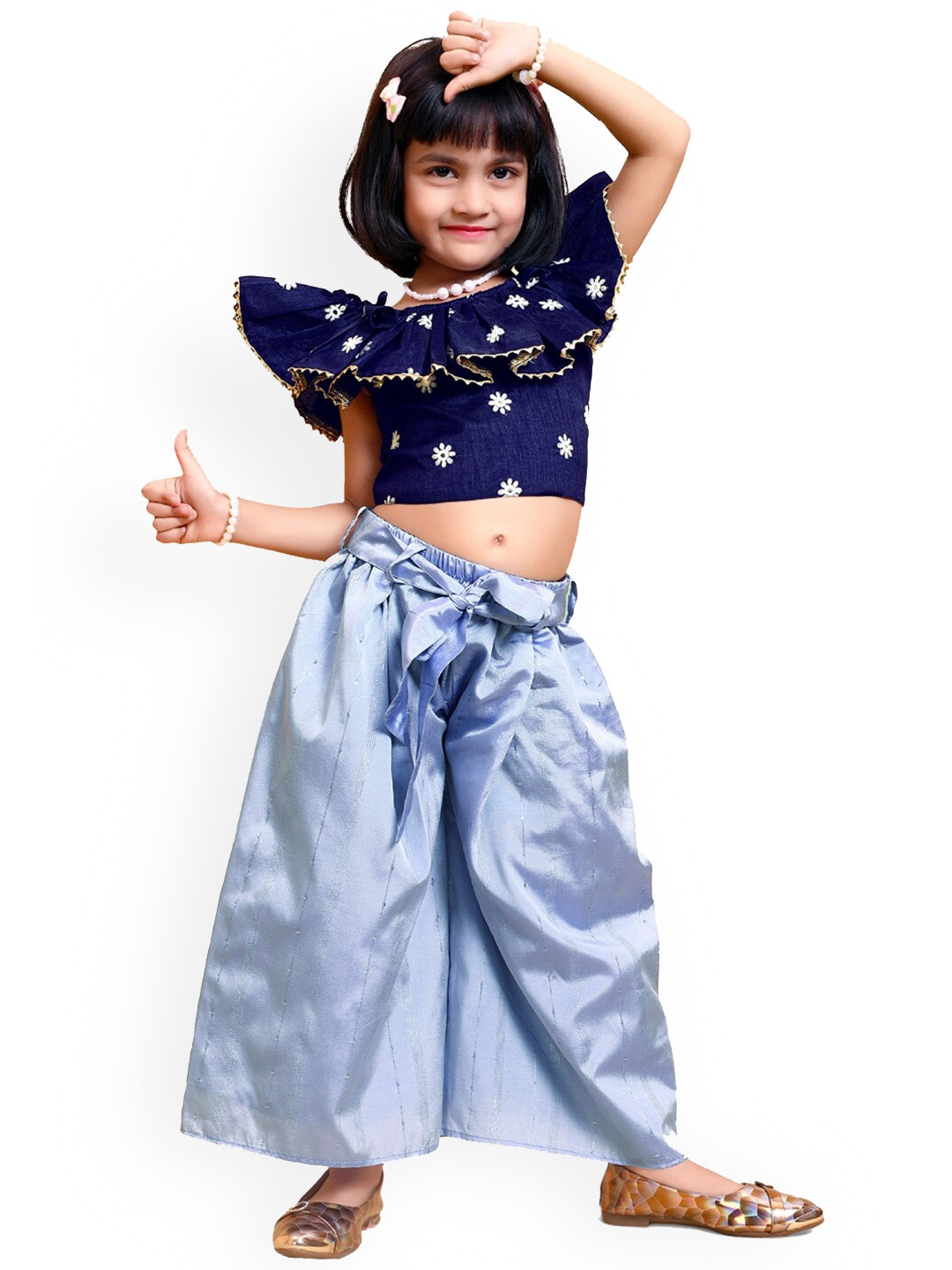 

BAESD Girls Floral Embroidered Crop Top With Palazzos, Blue