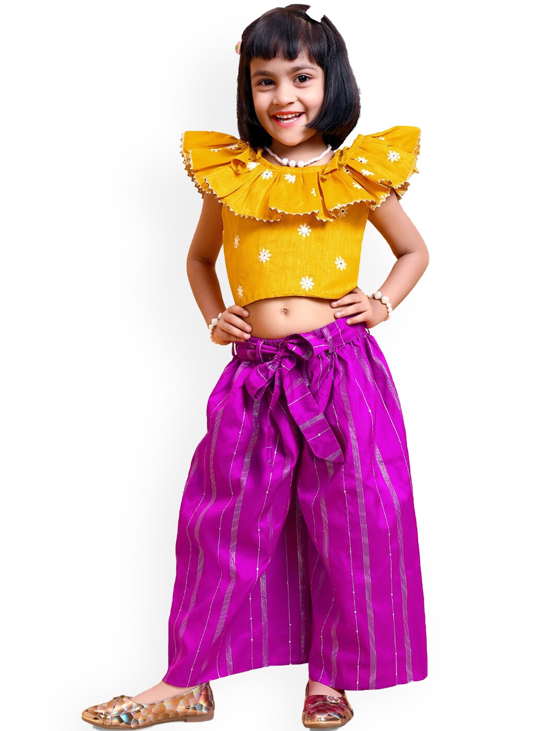 

BAESD Girls Floral Embroidered Crop Top With Palazzos, Mustard