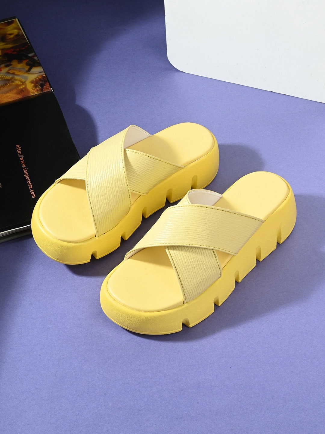

MENGLER Textured Open Toe Flatform Heels, Yellow