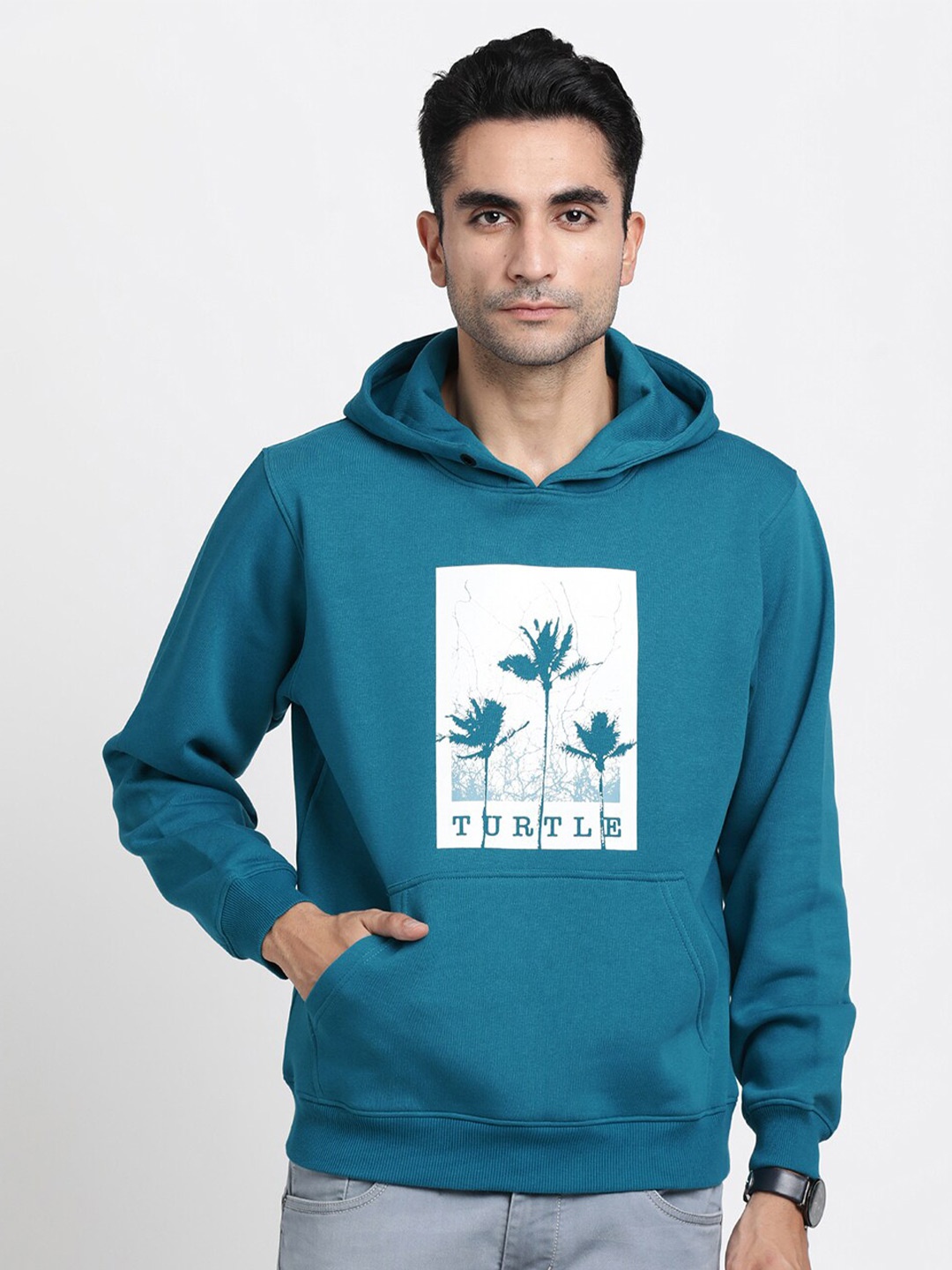 

Turtle Printed Hooded Cotton Sweatshirt, Teal