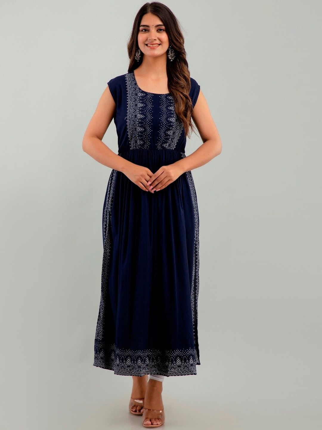 

HERE&NOW Geometric Yoke Design A-line Kurta, Navy blue