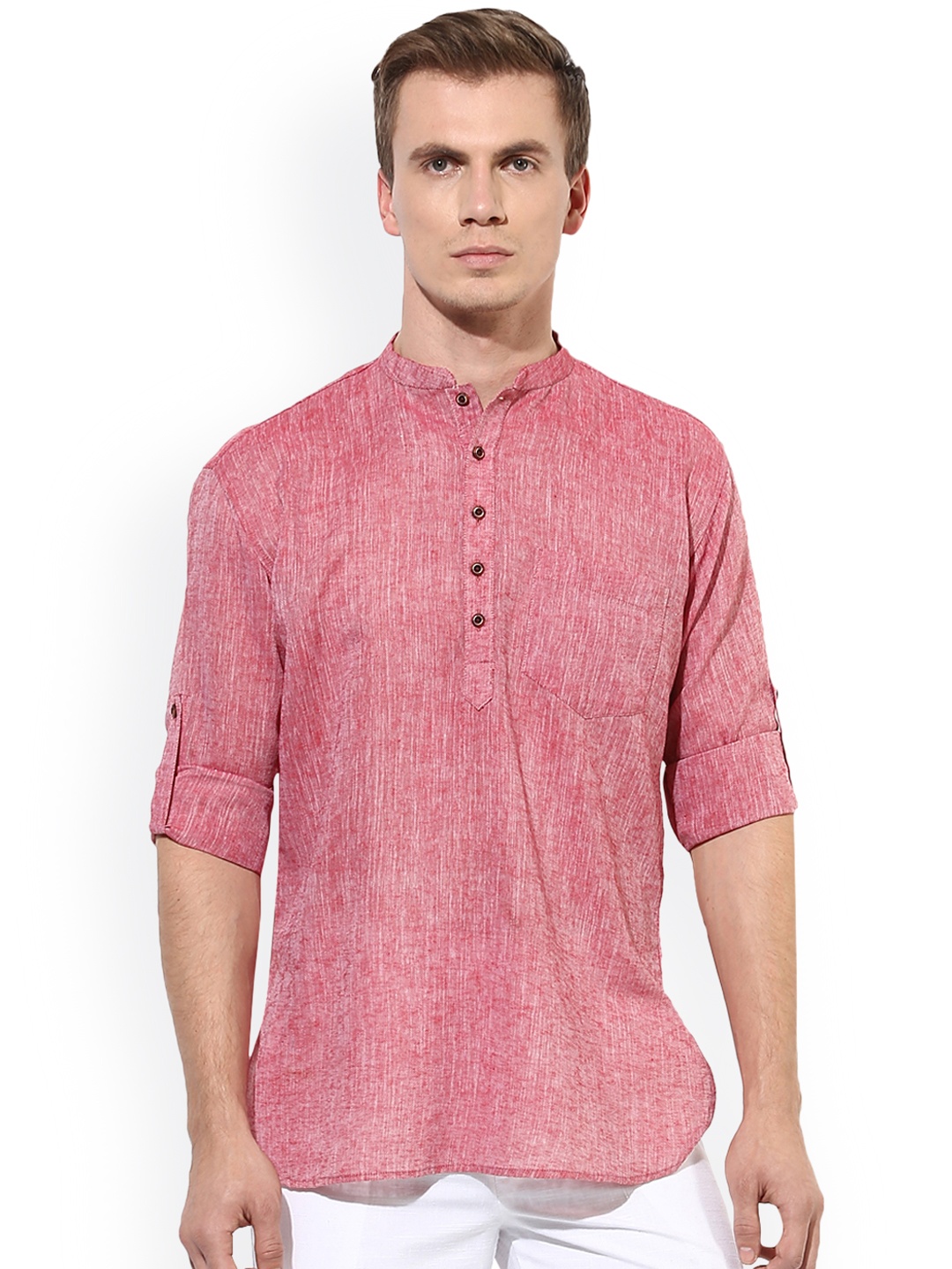 

Hangup Men Red & White Woven Design Straight Kurta