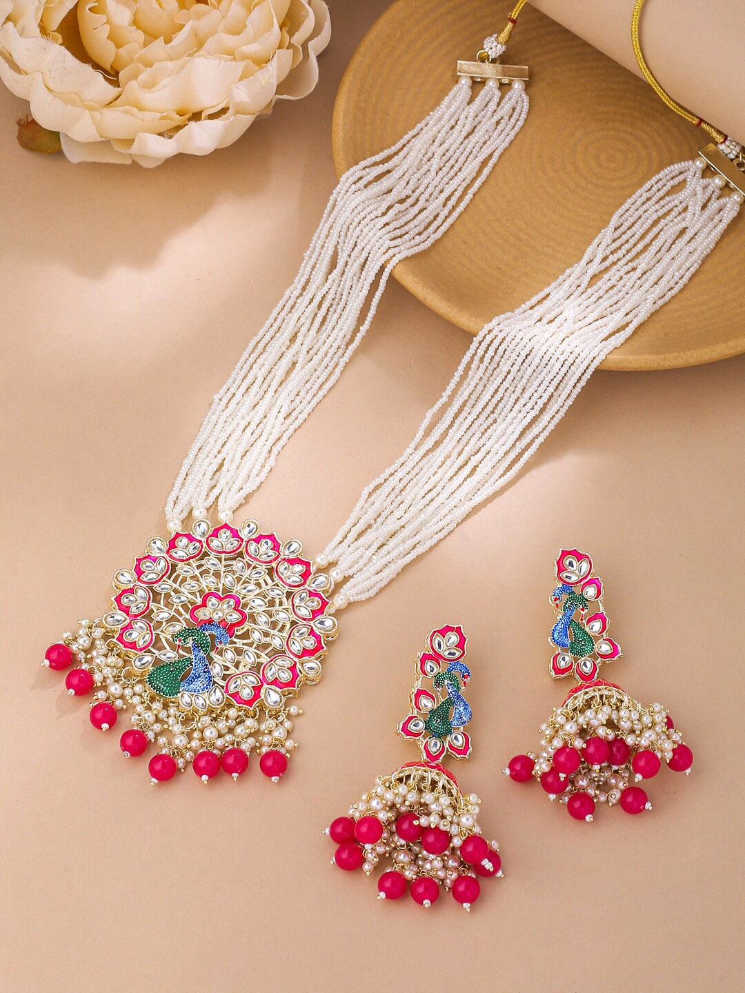 

Yellow Chimes Gold-Plated Stone-Studded & Pearl Beaded Jewellery Set