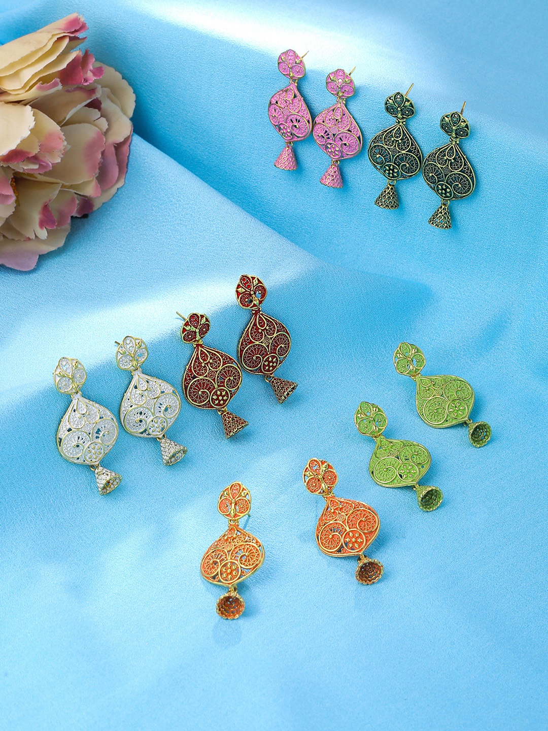

Yellow Chimes Set of 6 Contemporary Jhumkas Earrings, Gold