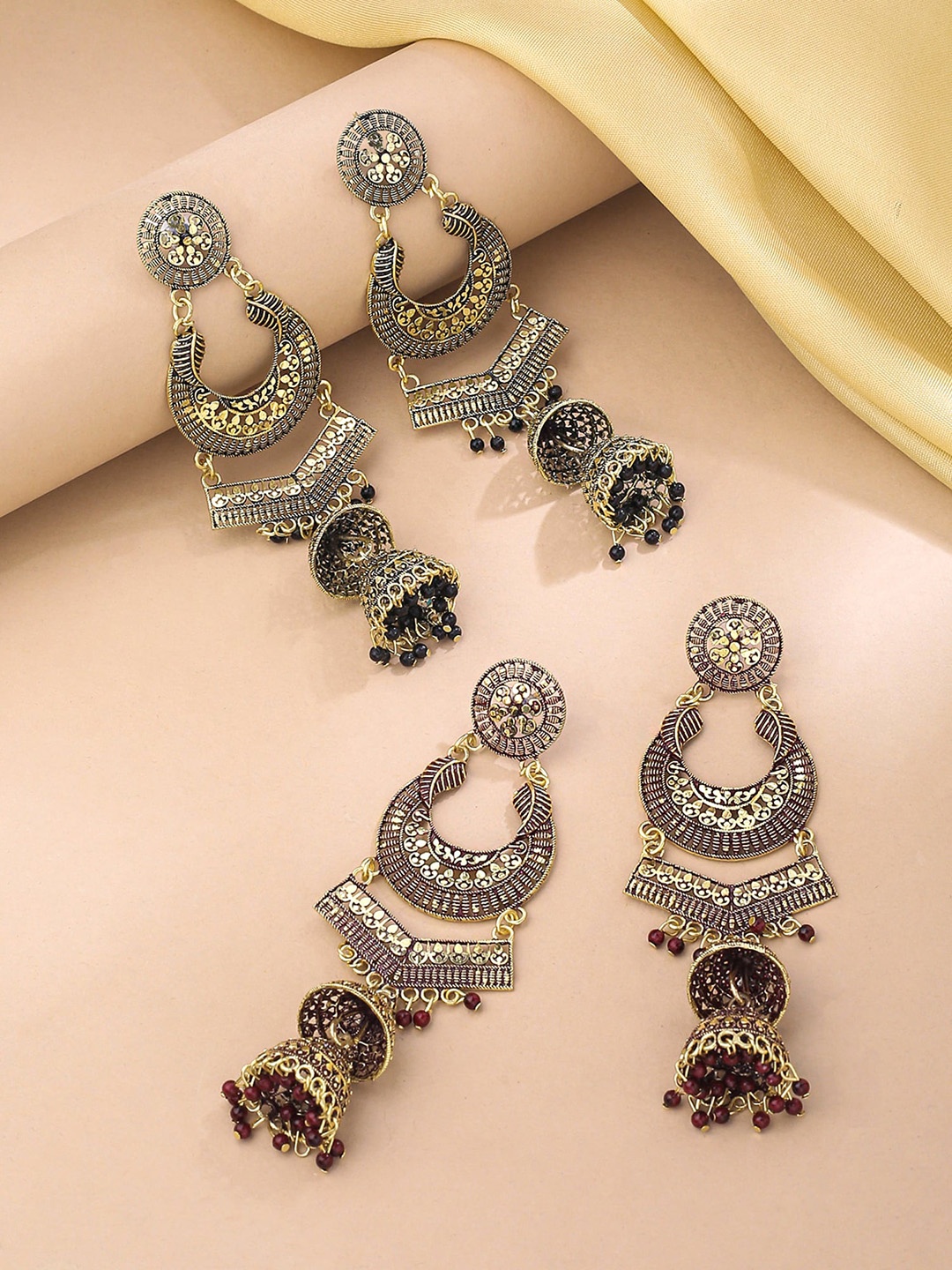 

Yellow Chimes Set of 2 Contemporary Jhumkas Earrings, Gold