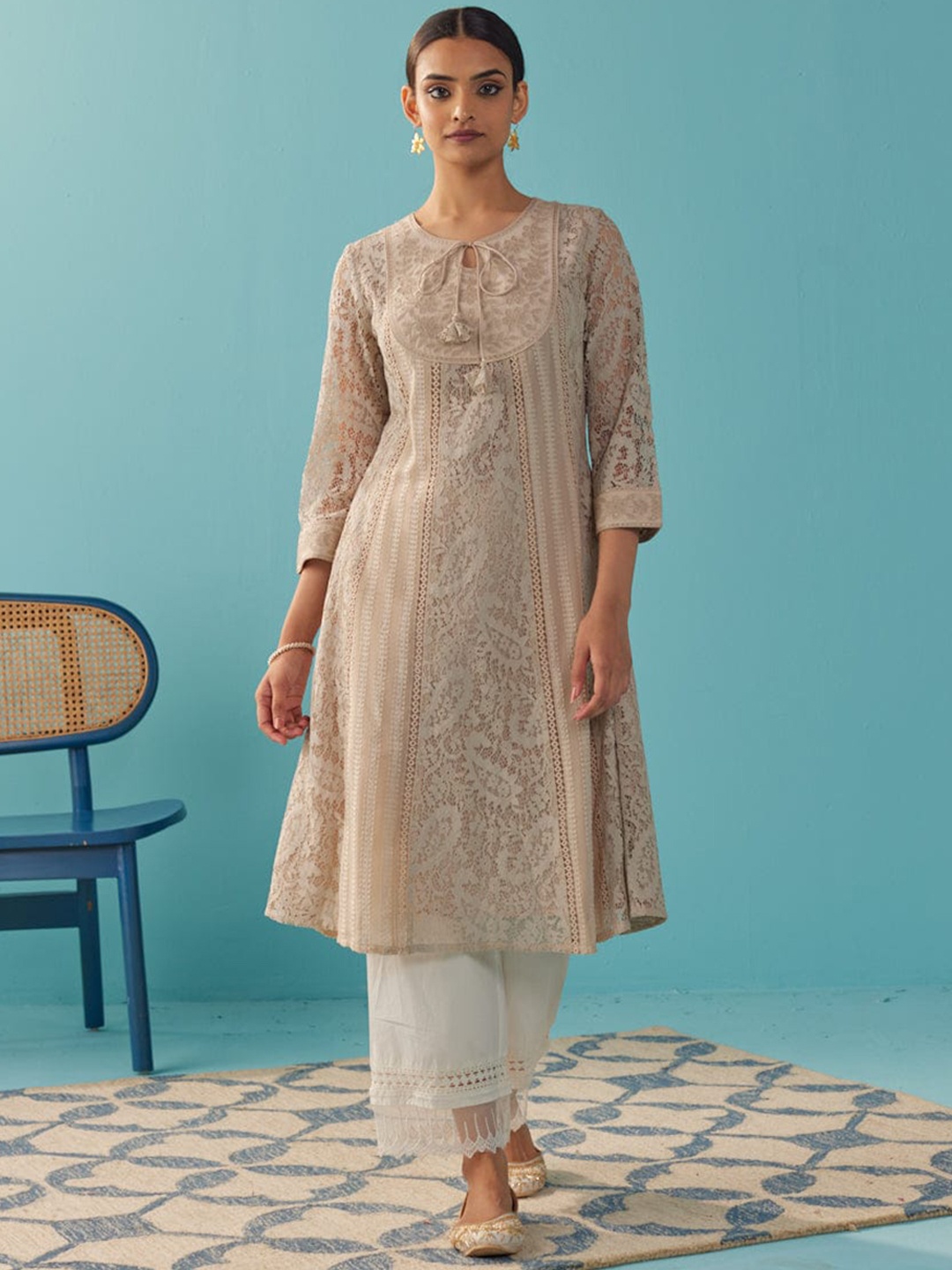 

Lakshita Plus Size Floral Embroidered Keyhole Neck A-line Kurta, Beige