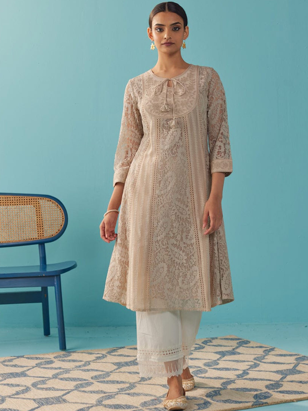 

Lakshita Plus Size Floral Embroidered Keyhole Neck A-line Kurta, Beige