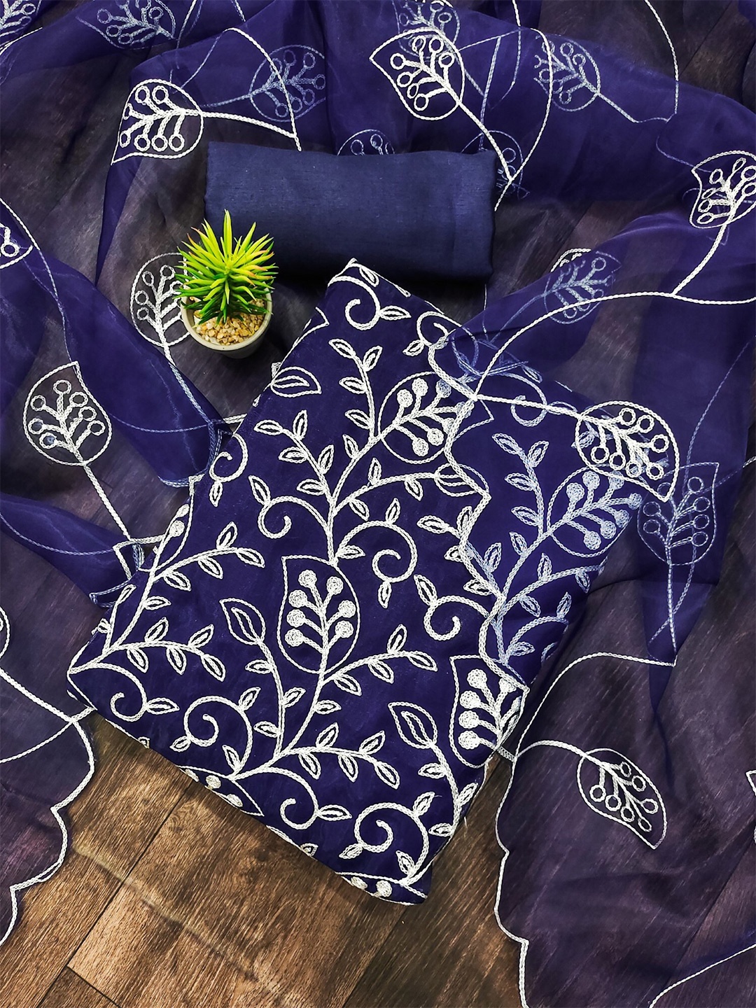 

KALINI Embroidered Organza Unstitched Dress Material, Blue