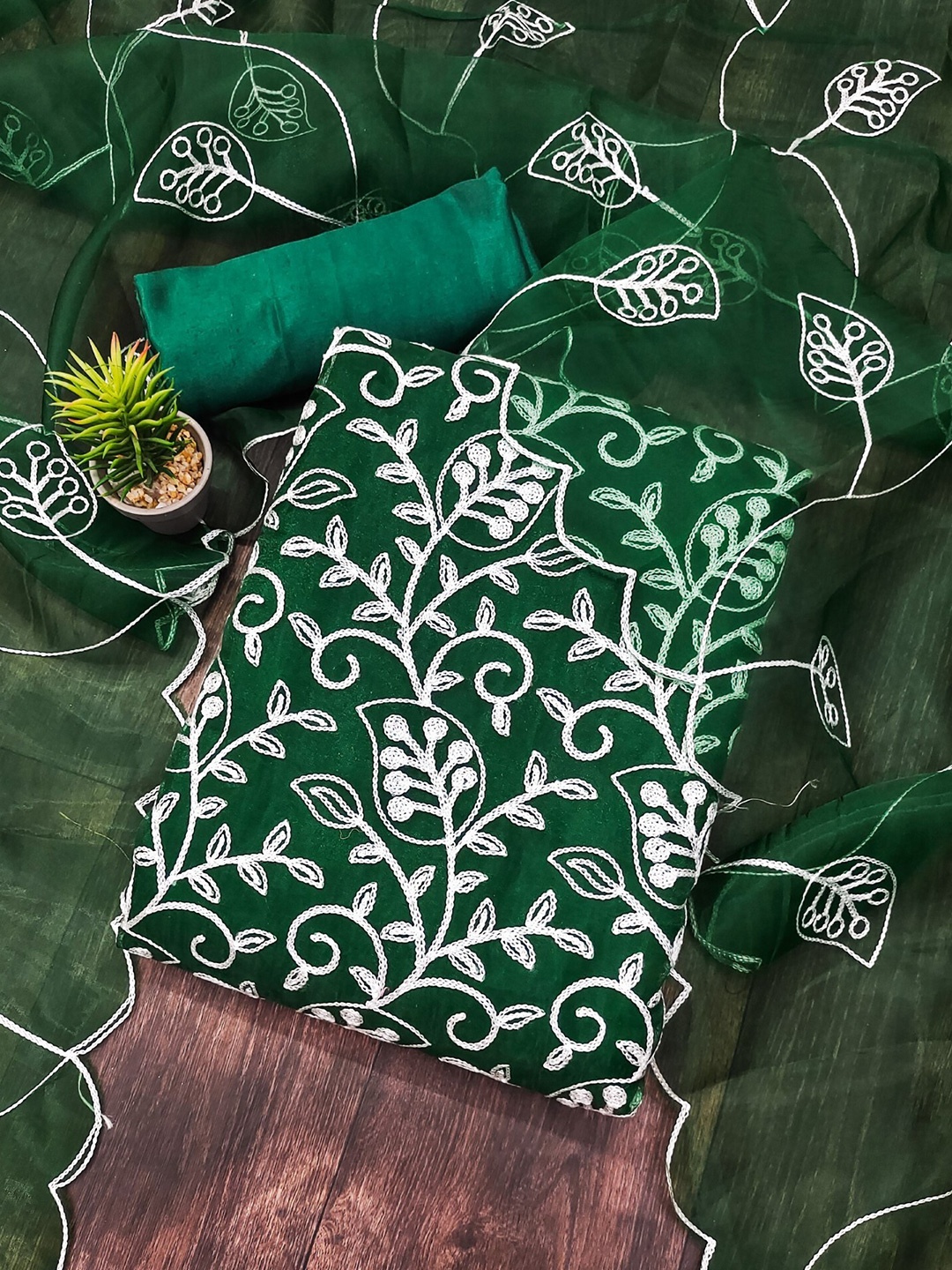 

KALINI Chikankari Embroidered Unstitched Dress Material, Green