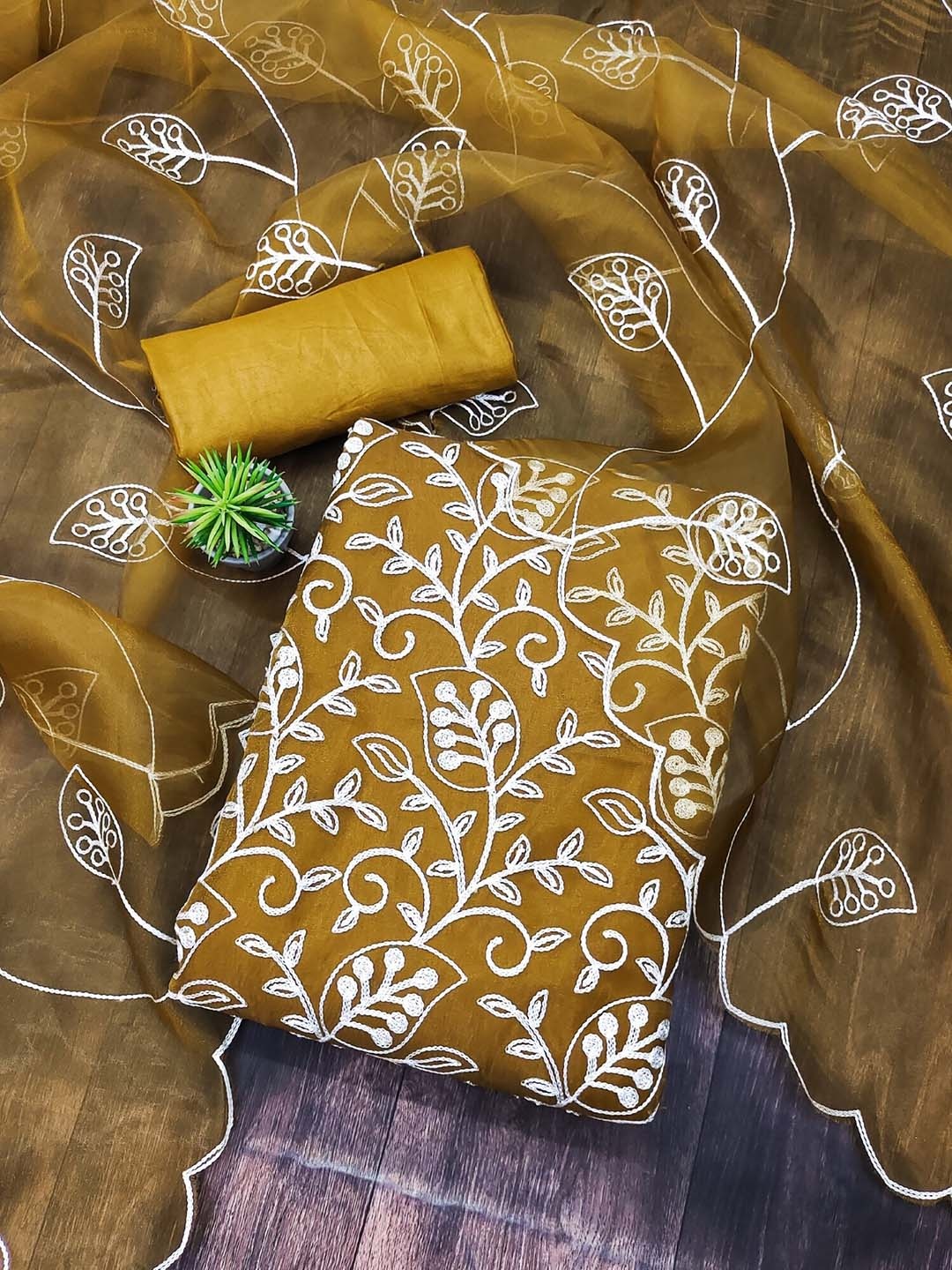 

KALINI Chikankari Embroidered Unstitched Dress Material, Mustard