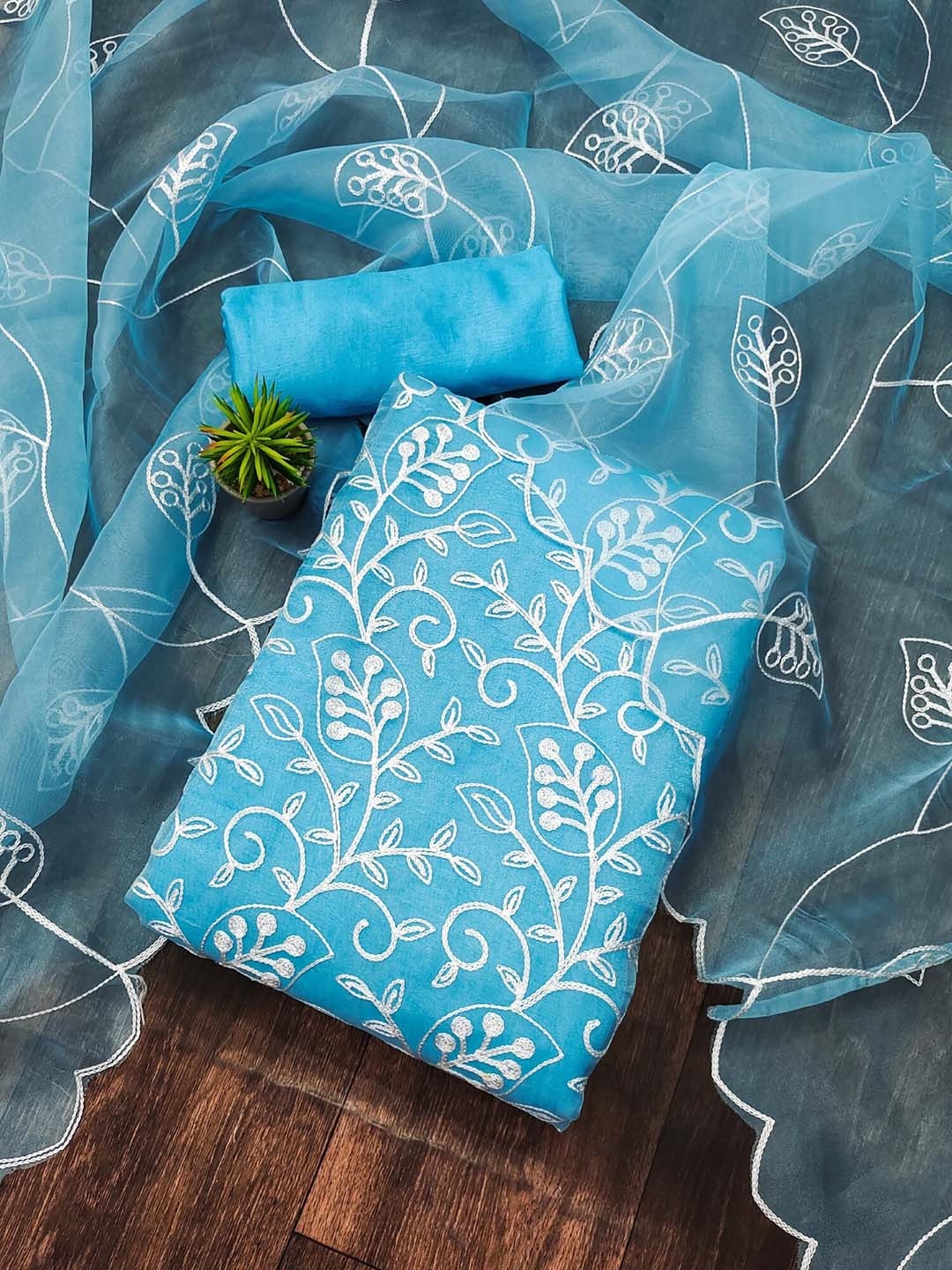 

KALINI Embroidered Organza Unstitched Dress Material, Blue