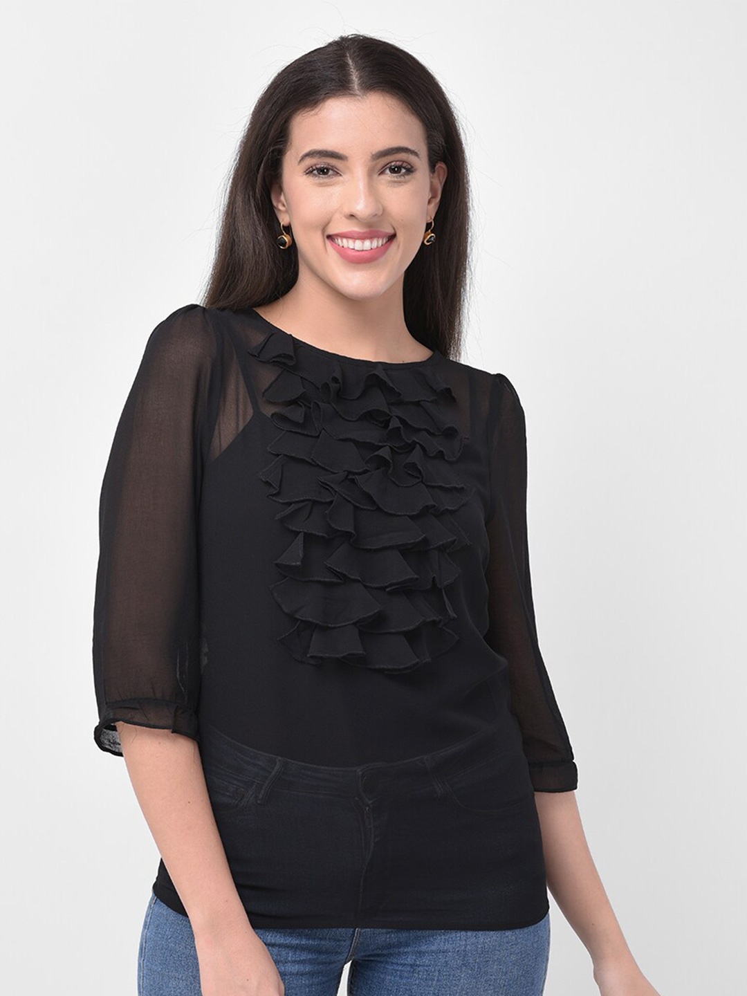 

250 DESIGNS Ruffled Sheer Regular Top, Black