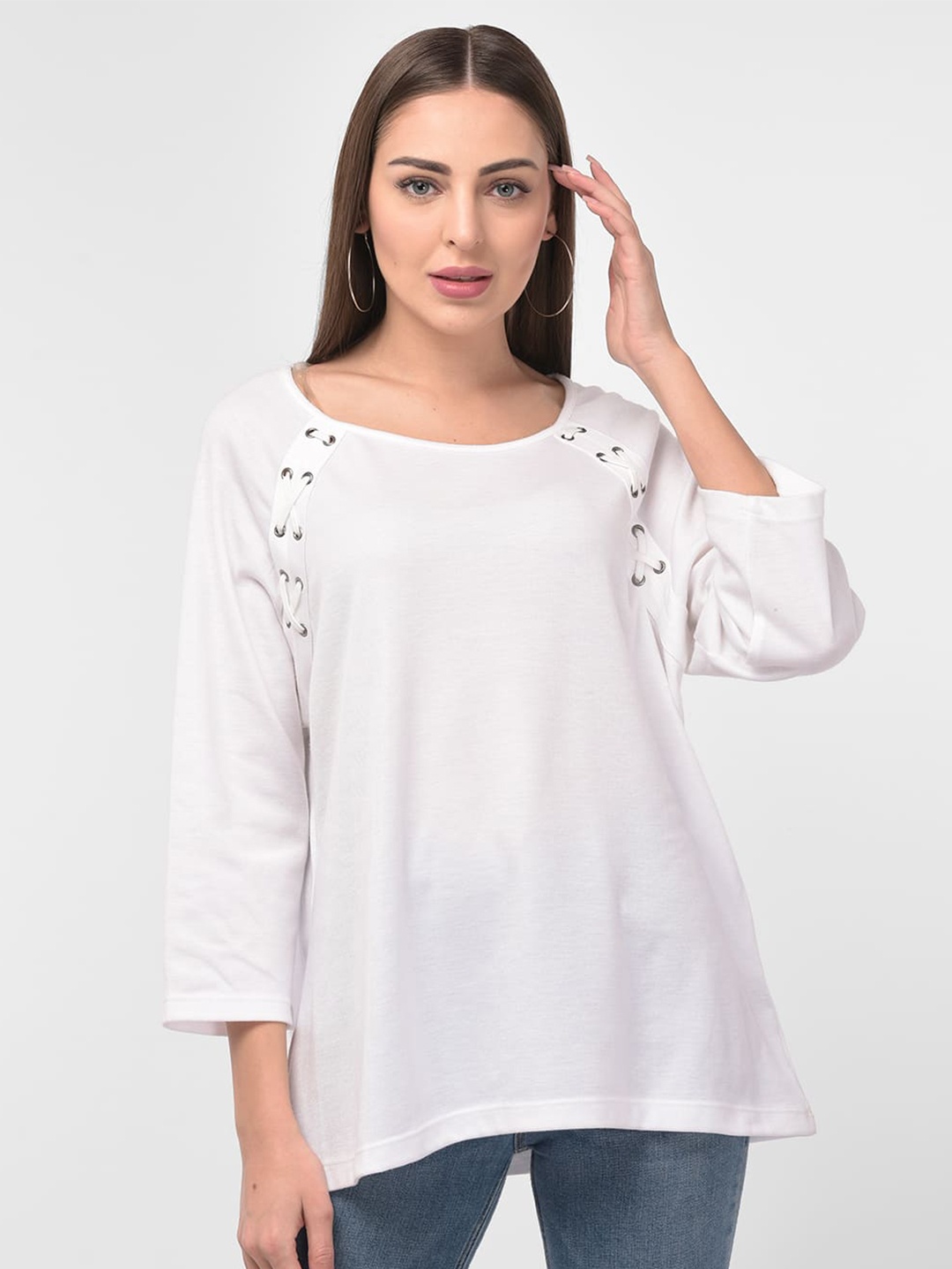 

250 DESIGNS Round Neck Tie Ups Detail A-Line Top, White