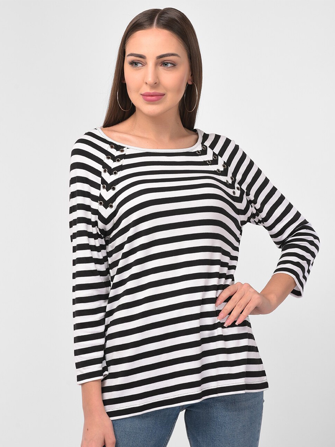 

250 DESIGNS Striped Square Neck Full Sleeve Top, White