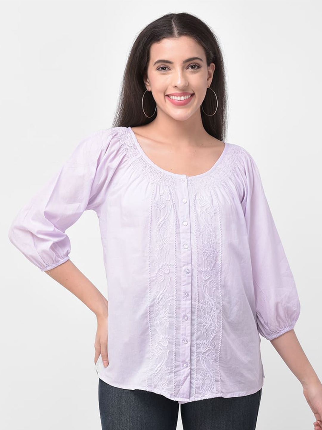

250 DESIGNS Floral Embroidered Puff Sleeve Top, Violet