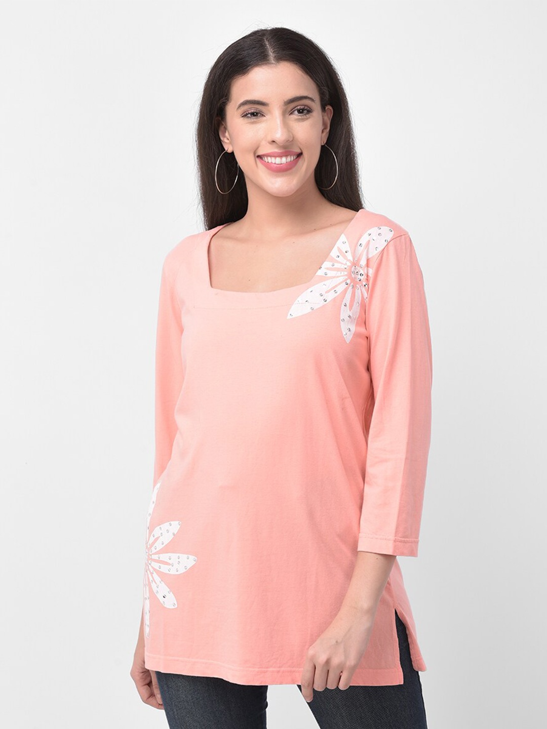 

250 DESIGNS Floral Printed Square Neck Kurti, Peach