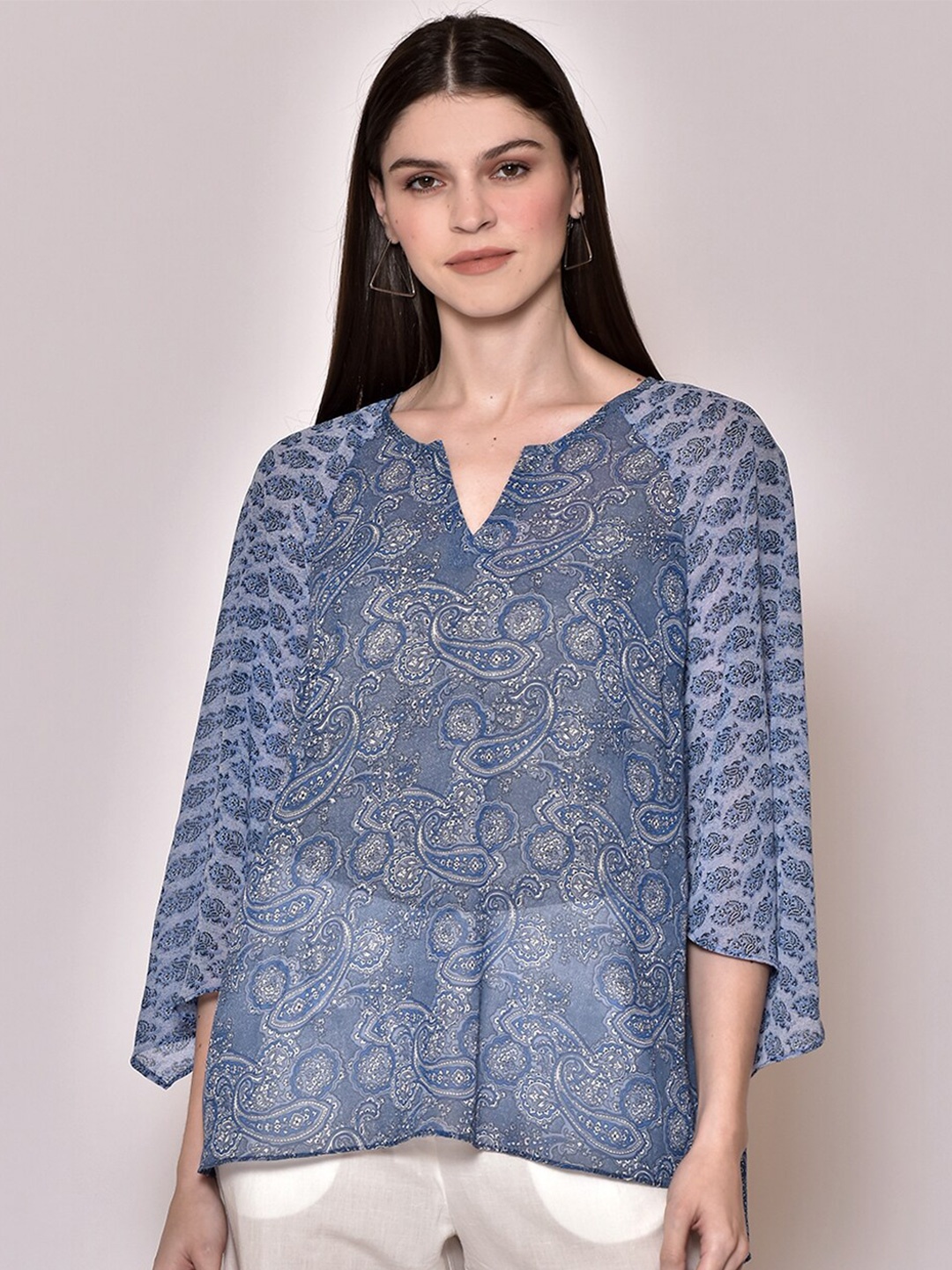 

250 DESIGNS Ethnic Motifs Printed Flared Sleeves Regular Top, Blue