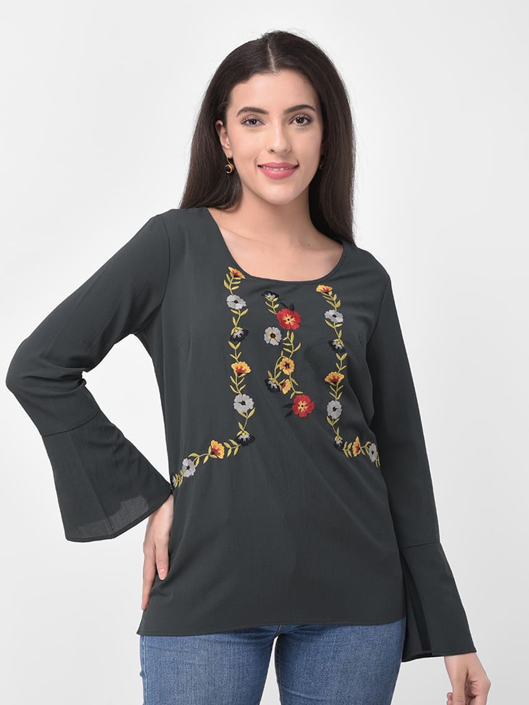 

250 DESIGNS Floral Embroidered Bell Sleeve Georgette Top, Black