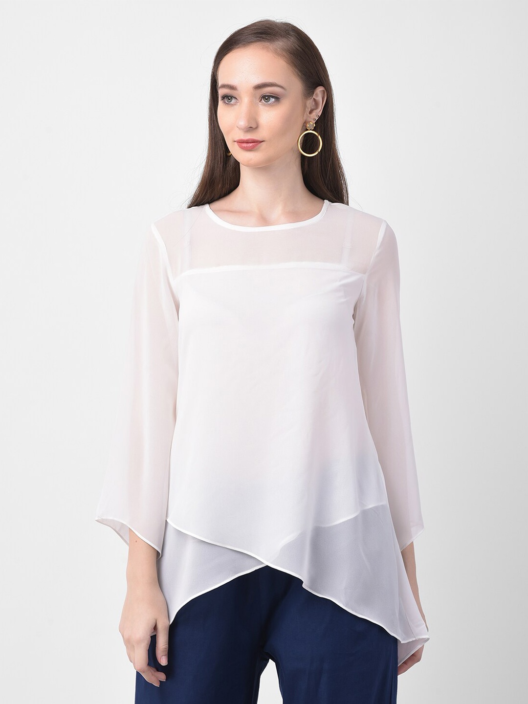 

250 DESIGNS Bell Sleeve Sheer A-Line Top, White