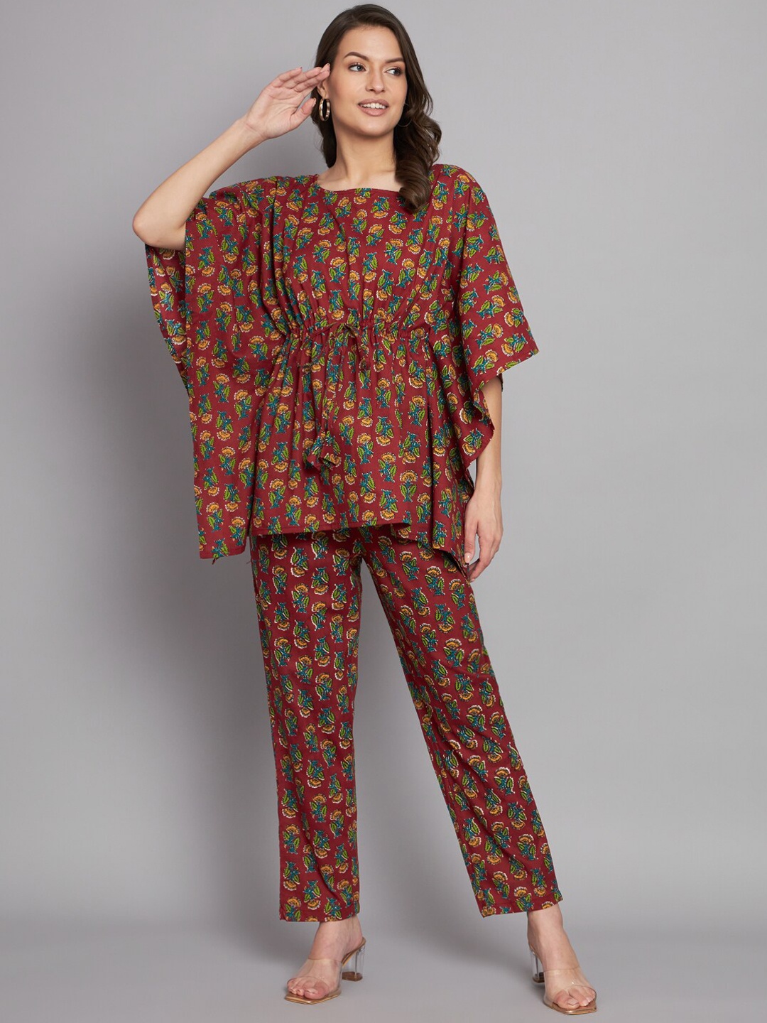 

Vastralay Floral Printed Pure Cotton Kaftan Top With Trouser, Maroon