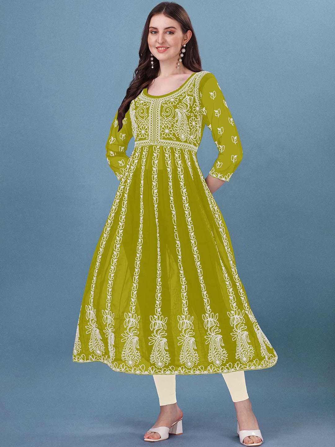 

Shree Ramkrishna Fab Paisley Embroidered Chikankari Georgette Anarkali Kurta, Olive