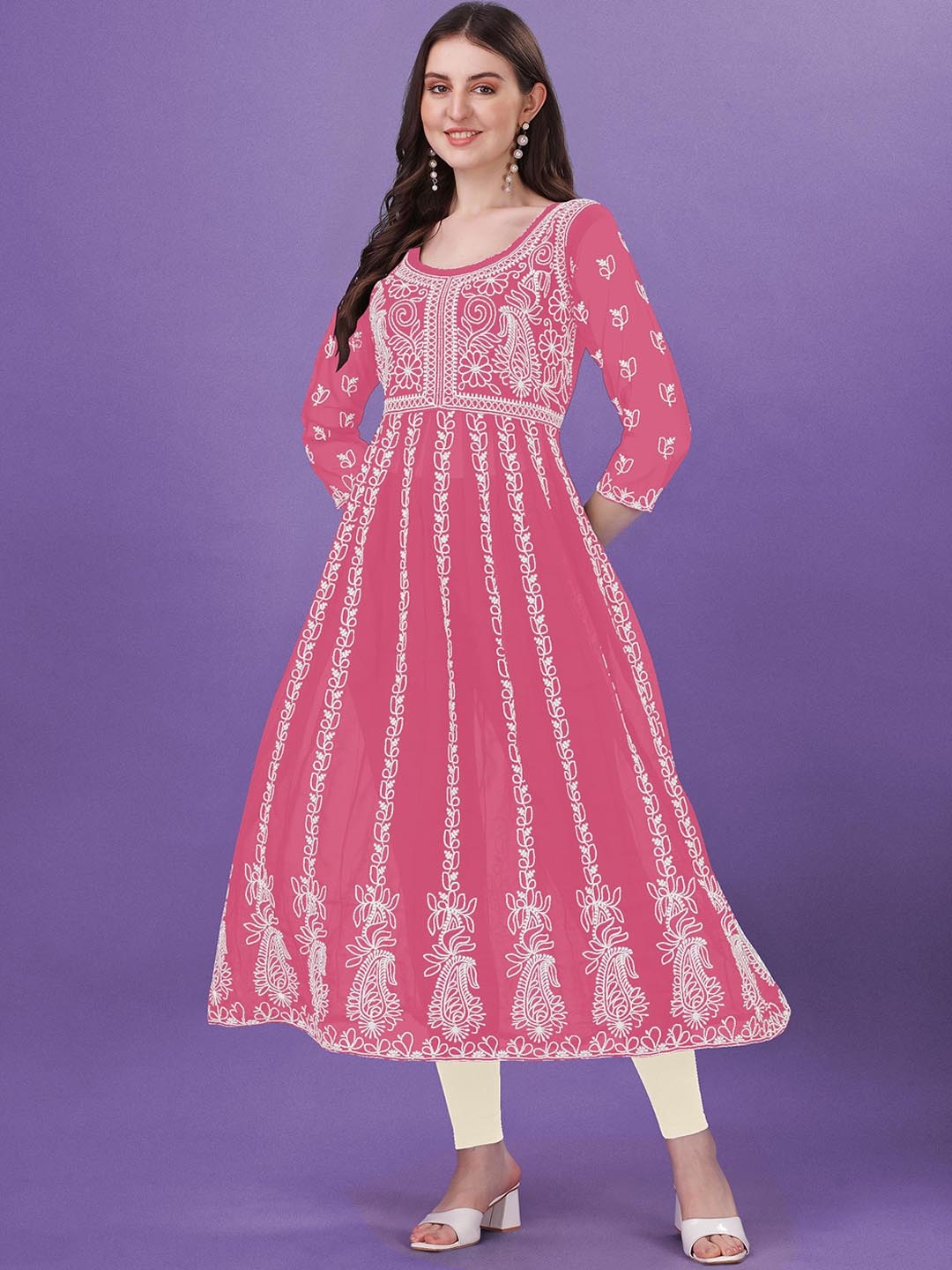 

Shree Ramkrishna Fab Paisley Embroidered Chikankari Georgette Anarkali Kurta, Pink
