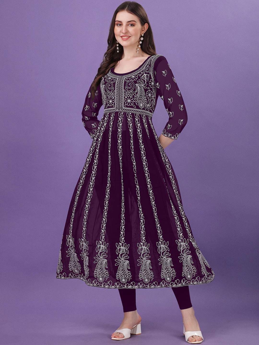 

Shree Ramkrishna Fab Paisley Embroidered Chikankari Georgette Anarkali Kurta, Purple